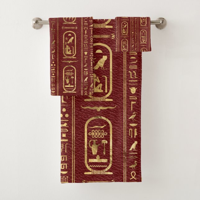 Egyptian hieroglyphs Gold on Red Leather Bath Towel Set (Insitu)