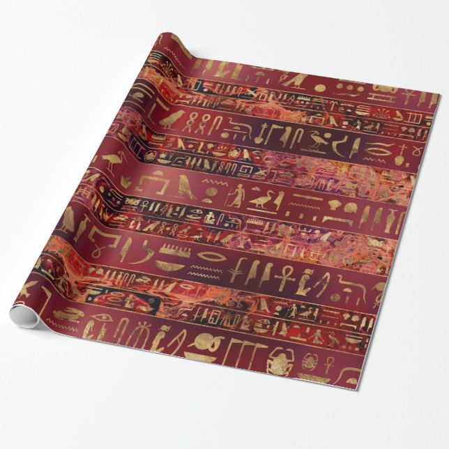 Egyptian hieroglyphs gold on red painted texture wrapping paper (Unrolled)