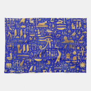 Egyptian hieroglyphs -Lapis Lazuli and Gold Kitchen Towel