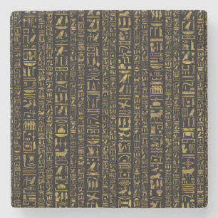 Egyptian hieroglyphs vintage gold on black stone coaster