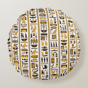 Egyptian hieroglyphs yellow-black colour seamless round pillow