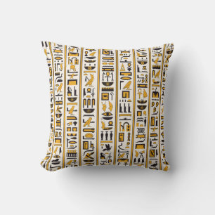 Egyptian hieroglyphs yellow-black colour seamless throw pillow