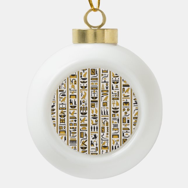 Egyptian Hieroglyphs: Yellow-Black Seamless. Ceramic Ball Christmas Ornament (Front)