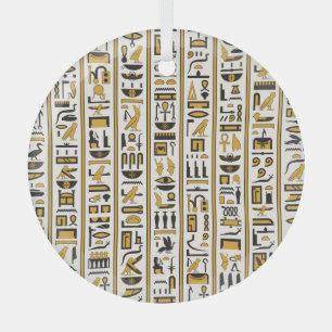 Egyptian Hieroglyphs: Yellow-Black Seamless. Glass Ornament