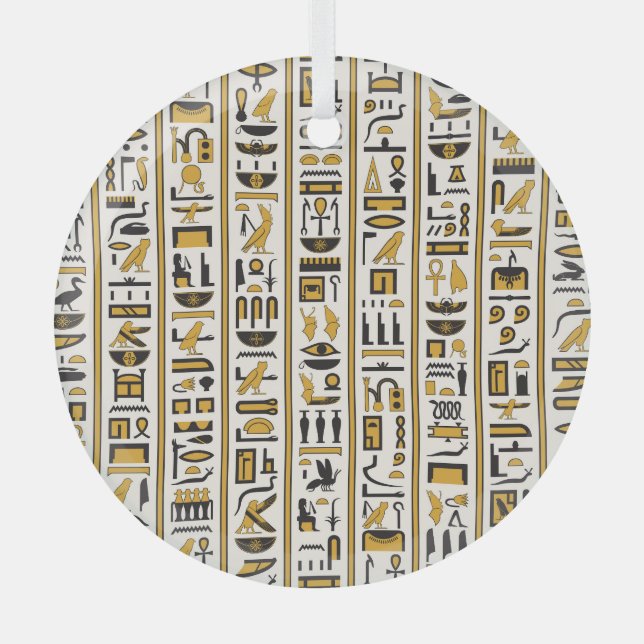 Egyptian Hieroglyphs: Yellow-Black Seamless. Glass Ornament (Front)