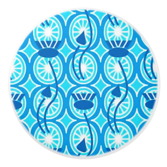Egyptian Lotus pattern, cobalt and turquoise Ceramic Knob (Front)