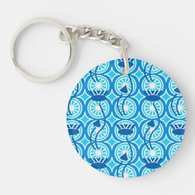 Egyptian Lotus pattern, cobalt and turquoise Keychain (Front)