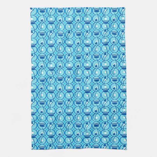 Egyptian Lotus pattern, cobalt and turquoise Kitchen Towel (Vertical)