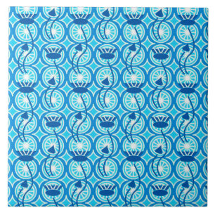 Egyptian Lotus pattern, cobalt and turquoise Tile