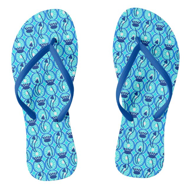 Egyptian Lotus Pattern, Cobalt Blue and Turquoise Flip Flops (Footbed)