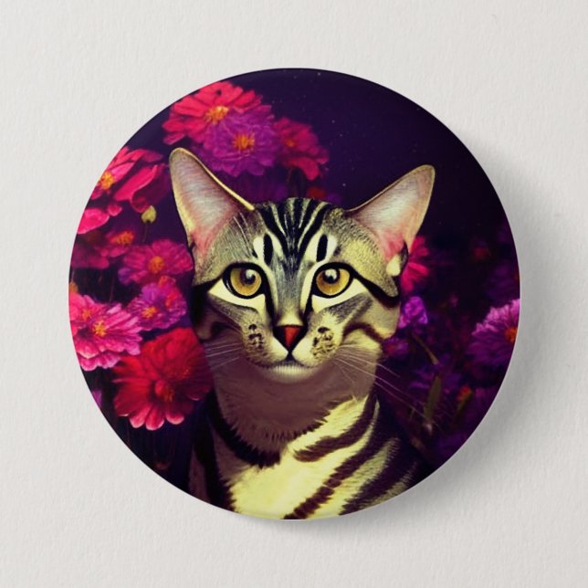 Egyptian Mau Cat in a Night Blooming Garden 3 Inch Round Button (Front)