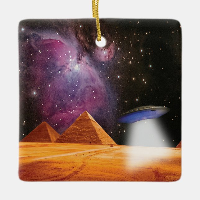 Egyptian Pyramids Giza Meets Space and UFO Ceramic Ornament (Front)