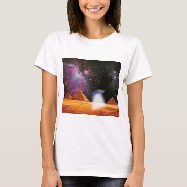 Egyptian Pyramids Giza Meets Space and UFO T-Shirt (Front)