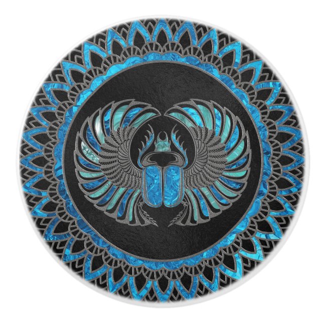 Egyptian Scarab Beetle - Gold and Blue glass Ceramic Knob (Front)