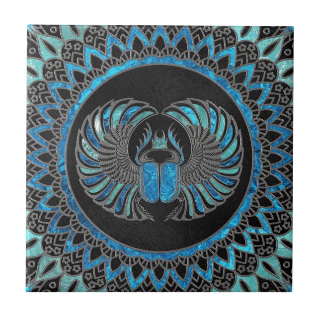 Egyptian Scarab Beetle - Gold and Blue glass Tile (Front)