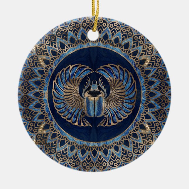 Egyptian Scarab Beetle Gold and Blue marble Ceramic Ornament (Front)