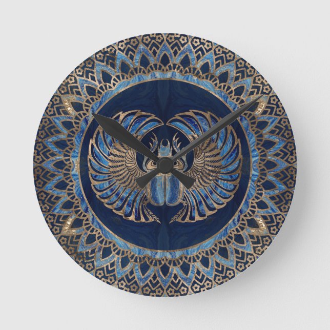 Egyptian Scarab Beetle Gold and Blue marble Round Clock (Front)