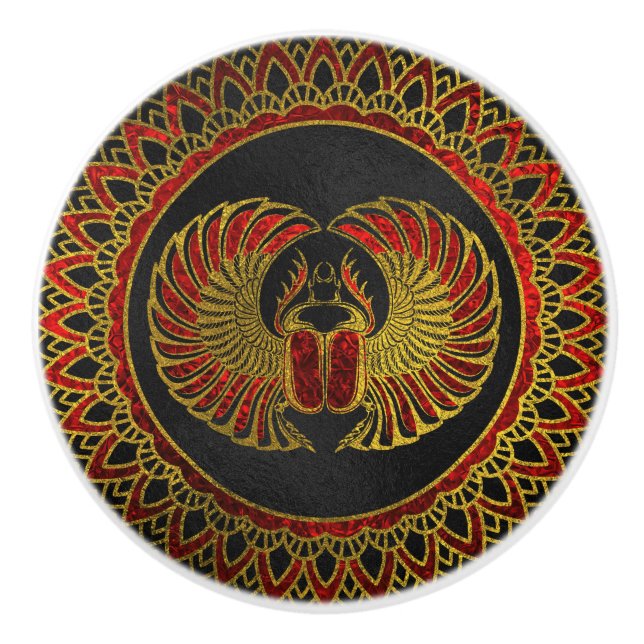 Egyptian Scarab Beetle - Gold and red  metallic Ceramic Knob (Front)