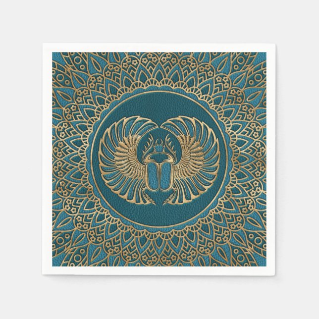 Egyptian Scarab Beetle Gold on Teal Leather Napkin (Front)