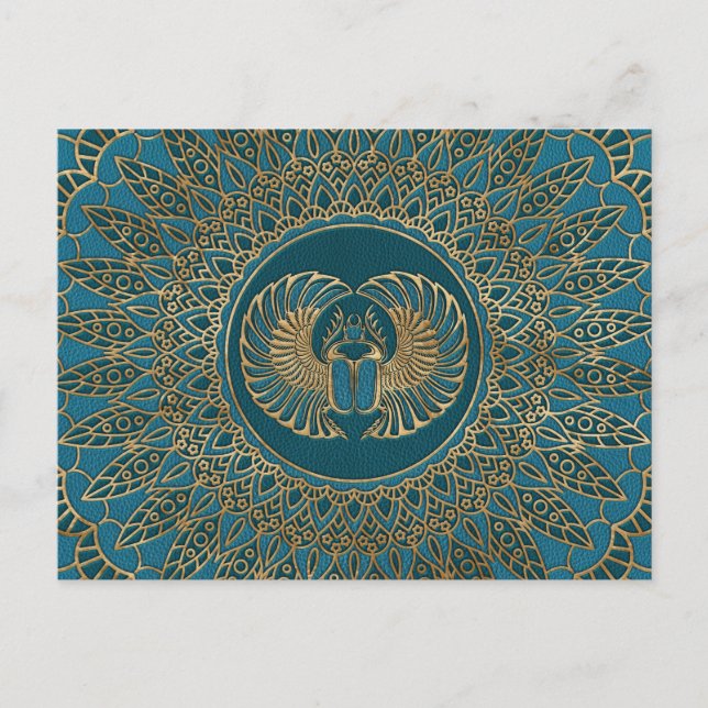Egyptian Scarab Beetle Gold on Teal Leather Postcard (Front)
