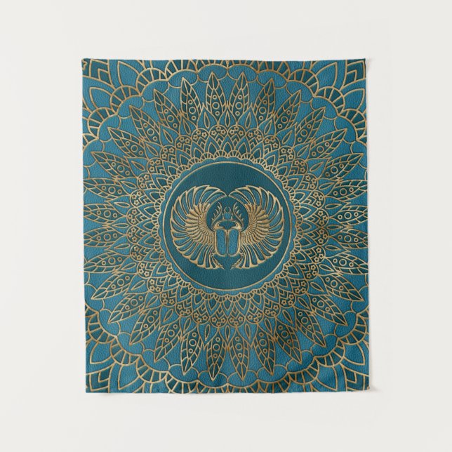 Egyptian Scarab Beetle Gold on Teal Leather Tapestry (Front)