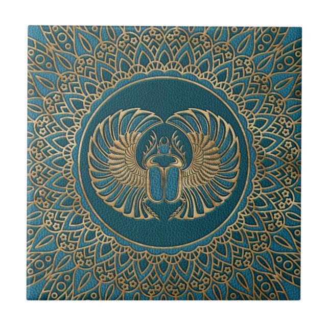 Egyptian Scarab Beetle Gold on Teal Leather Tile (Front)