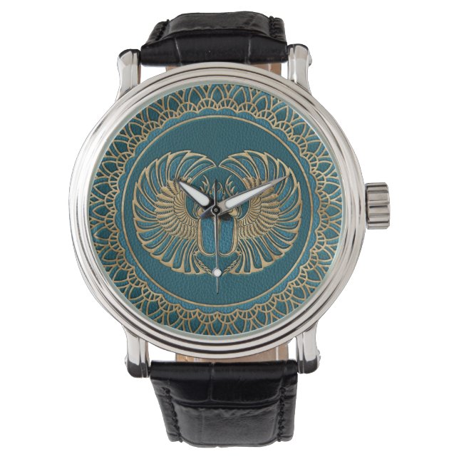 Egyptian Scarab Beetle Gold on Teal Leather Watch (Front)