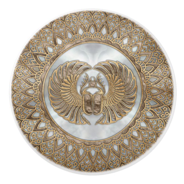 Egyptian Scarab Beetle Pastel Golds Ceramic Knob (Front)