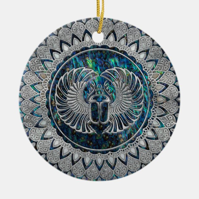 Egyptian Scarab Beetle Silver and Abalone Ceramic Ornament (Front)