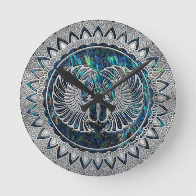 Egyptian Scarab Beetle Silver and Abalone Round Clock (Front)