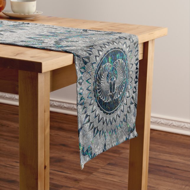 Egyptian Scarab Beetle Silver and Abalone Short Table Runner (In Situ)
