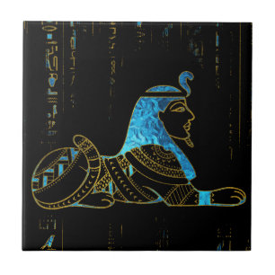Egyptian  Sphinx on hieroglyphics Blue crystal and Tile