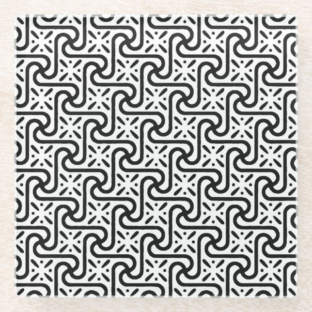 Egyptian tile pattern, black and white glass coaster (Front)