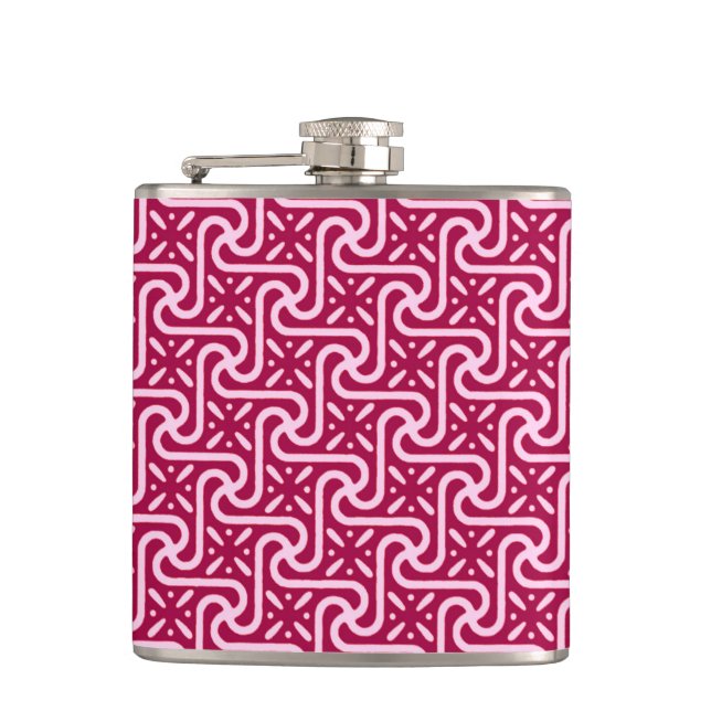 Egyptian tile pattern, burgundy and pink hip flask (Front)