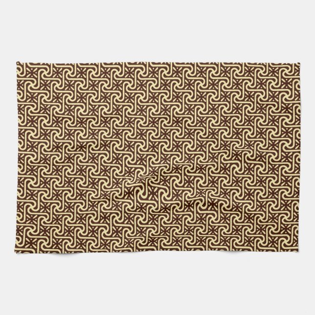 Egyptian tile pattern, chocolate brown and tan kitchen towel (Horizontal)
