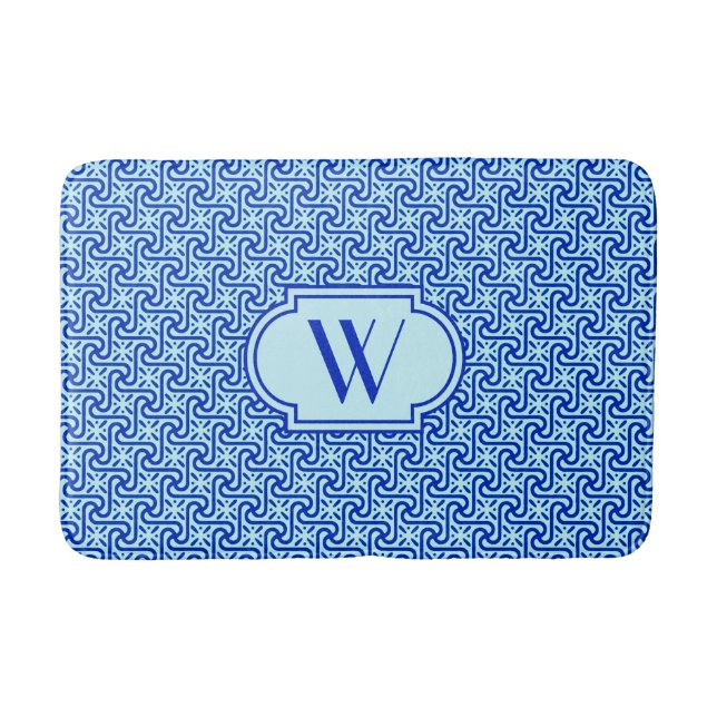 Egyptian tile pattern, cobalt and sky blue bath mat (Front)