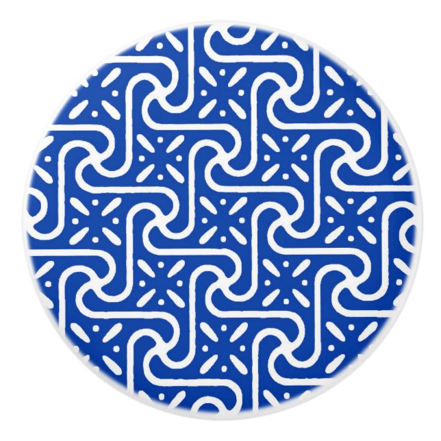 Egyptian tile pattern, cobalt blue and white ceramic knob (Front)