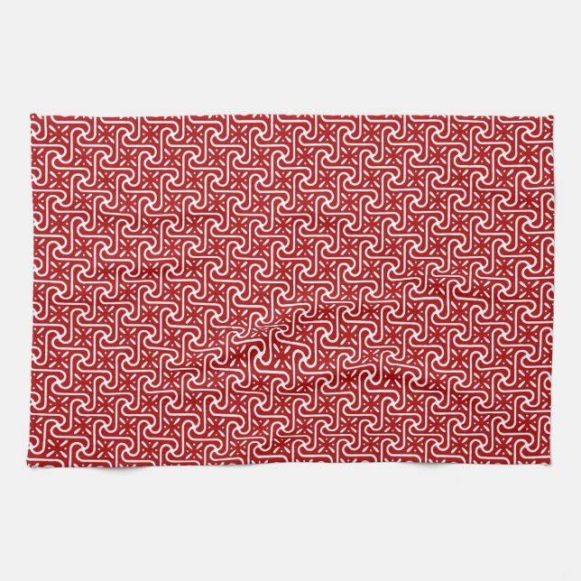 Egyptian tile pattern, dark red and white kitchen towel (Horizontal)