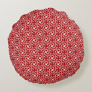 Egyptian tile pattern, dark red and white round pillow
