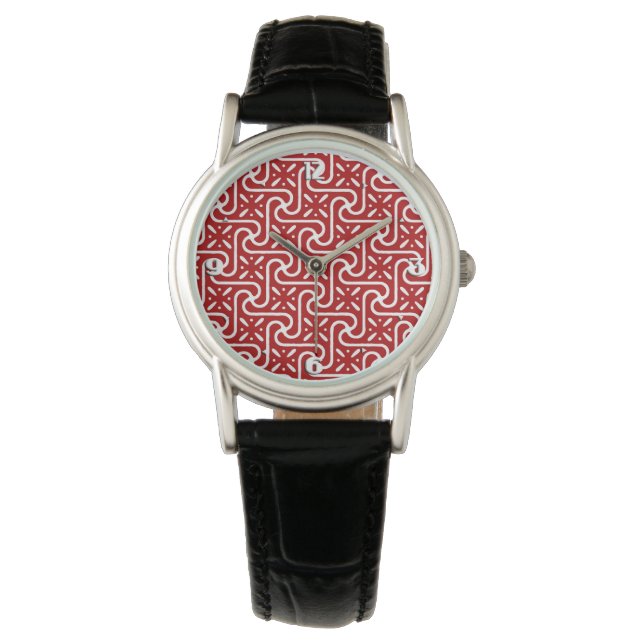 Egyptian tile pattern, dark red and white watch (Front)