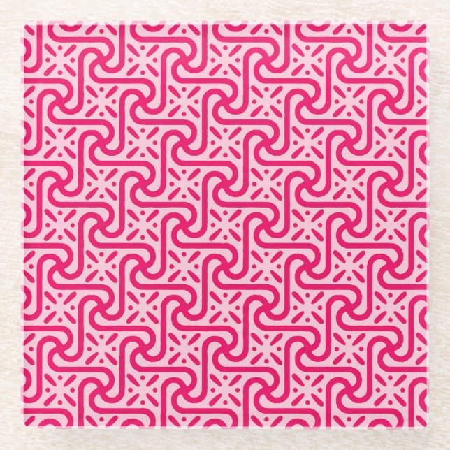 Egyptian tile pattern, deep and light pink glass coaster (Front)