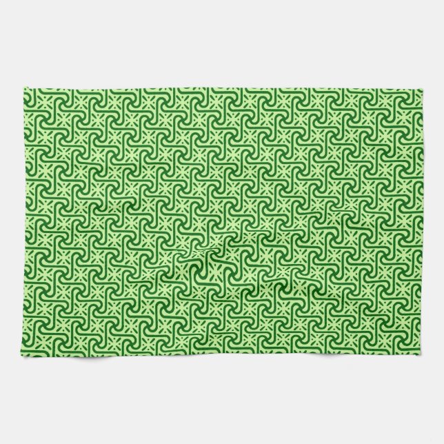 Egyptian tile pattern, emerald and lime green kitchen towel (Horizontal)