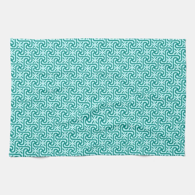 Egyptian tile pattern, turquoise and aqua kitchen towel (Horizontal)