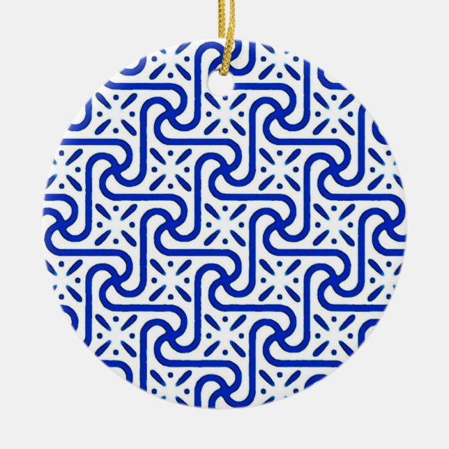 Egyptian tile pattern, white and cobalt blue ceramic ornament (Front)