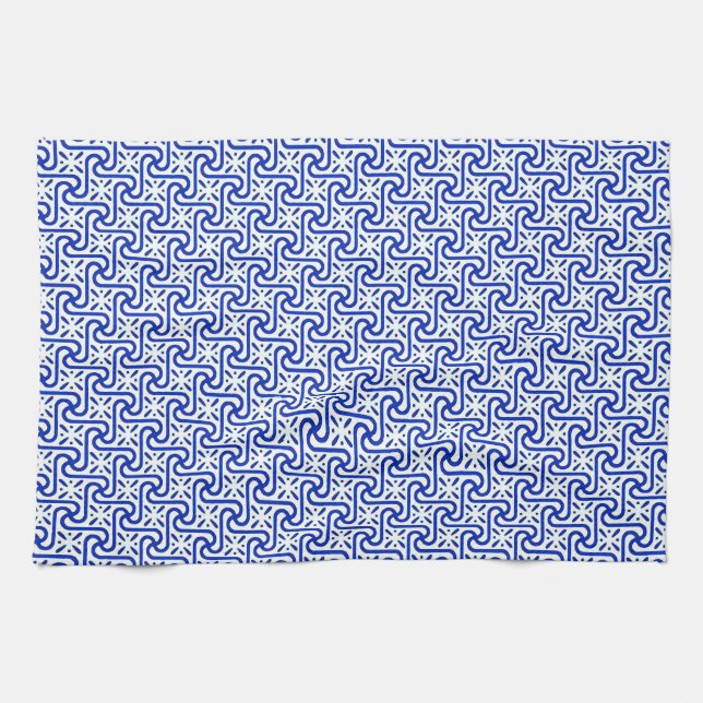 Egyptian tile pattern, white and cobalt blue kitchen towel (Horizontal)