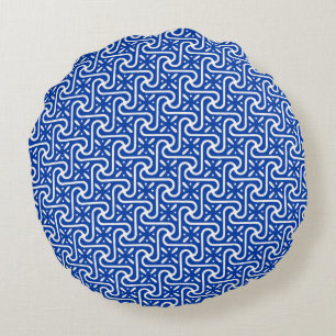 Egyptian tile pattern, white and cobalt blue round pillow