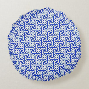 Egyptian tile pattern, white and cobalt blue round pillow