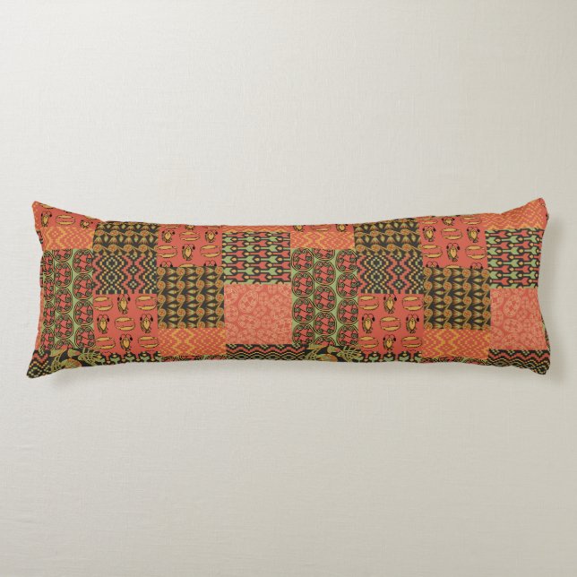 Egyptian Tribal Faux Patchwork Rusty Red Body Pillow (Front)