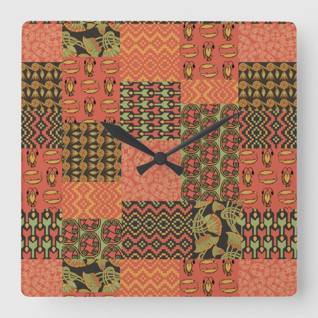 Egyptian Tribal Faux Patchwork Square Wall Clock (Front)