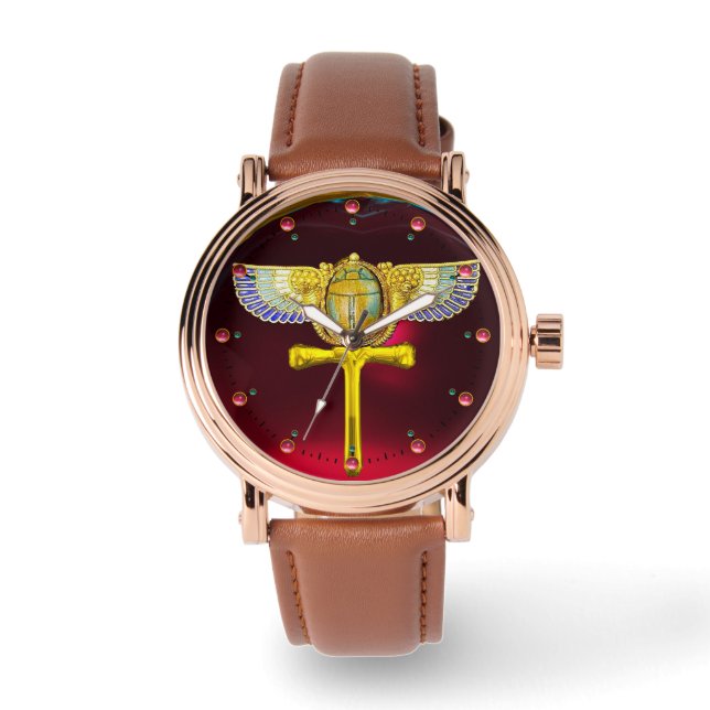 EGYPTIAN WINGED SCARAB ANKH ,CORNUCOPIA GOLD JEWEL WATCH (Front)